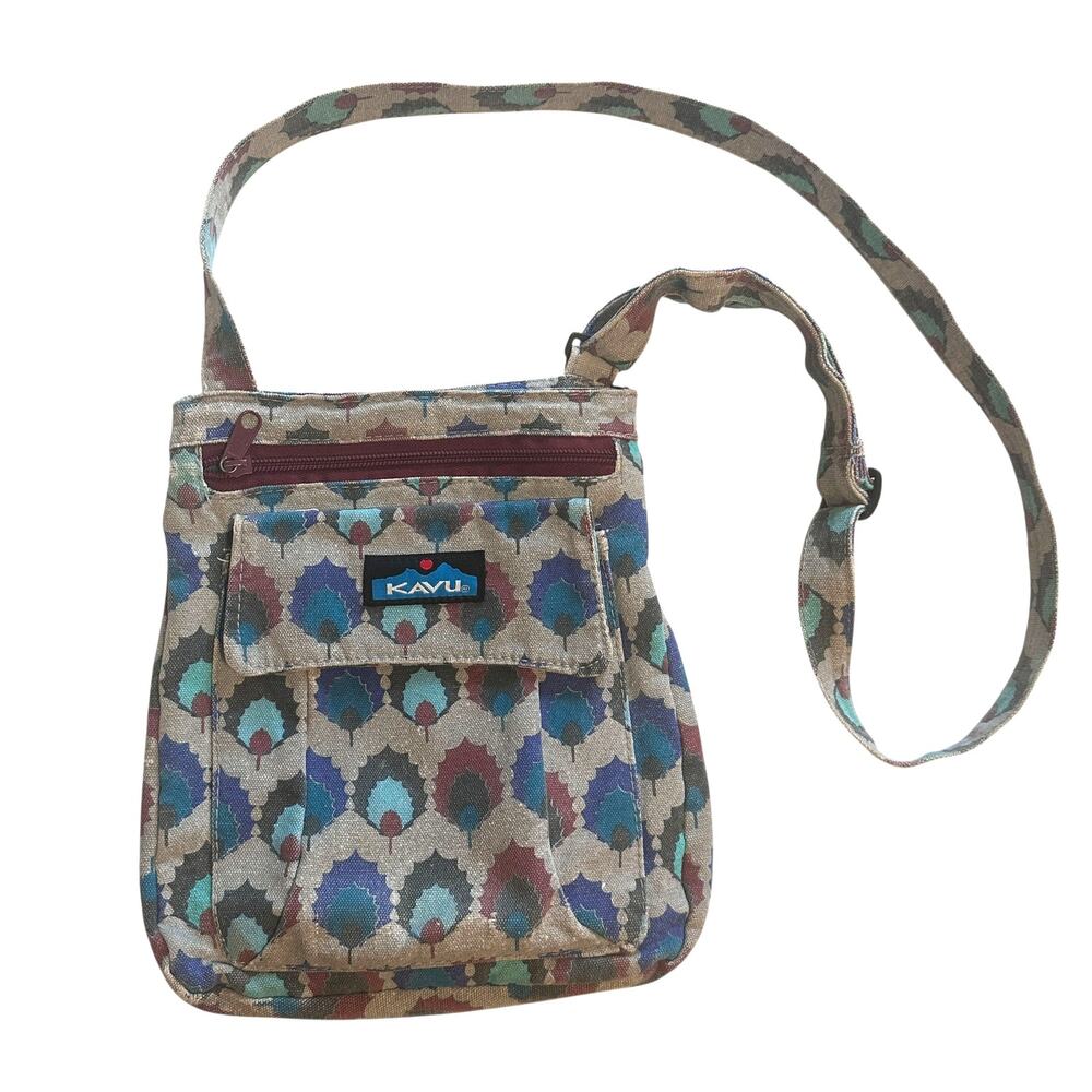 Kavu Keeper Crossbody Holly Leaf Gray Multicolor Cotton Canvas Handbag Purse